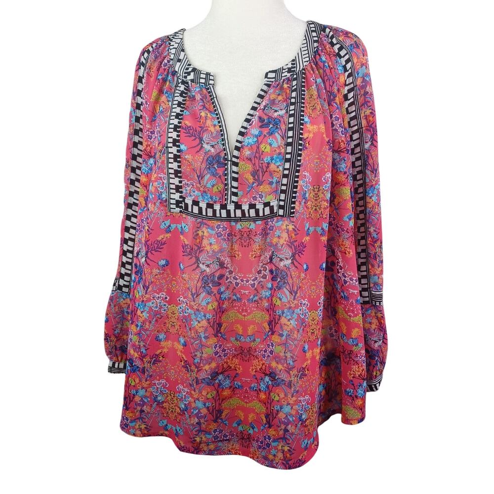 Nicole Miller Women Floral Sheer Boho Top Pink Balloon Sleeve Flowy Artsy Spring